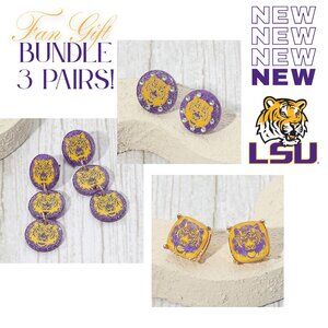 3 NEW PAIRS EARRINGS LSU College Football Tigers Purple Gold GIFT BUNDLE NEW